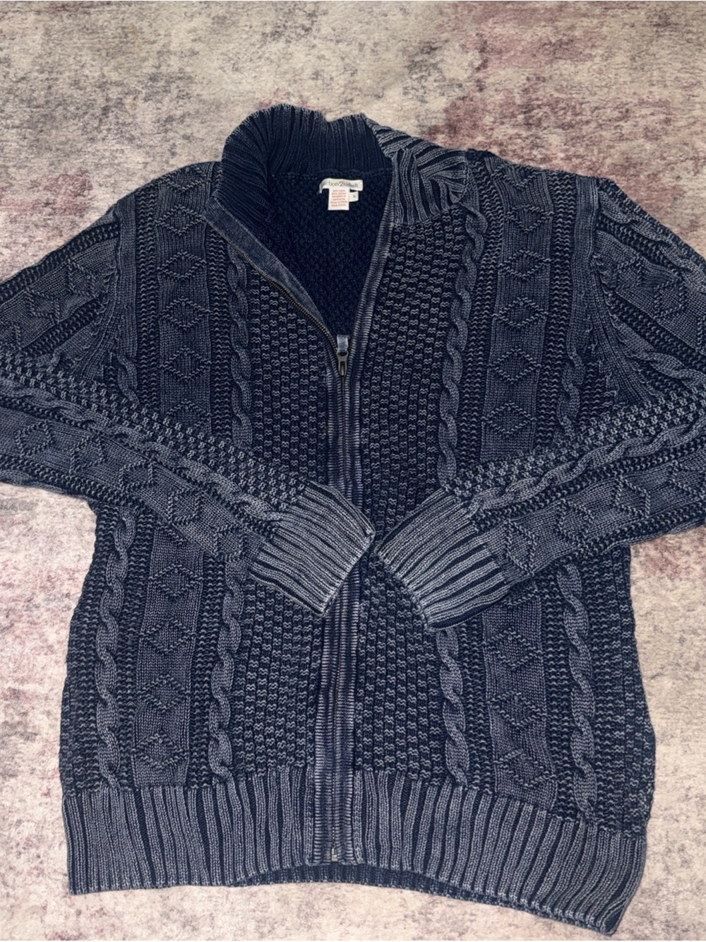 Carbon 2 Cobalt Indigo Zip Cardigan Men’s Large Blue Linen Cable Knit Fisherman